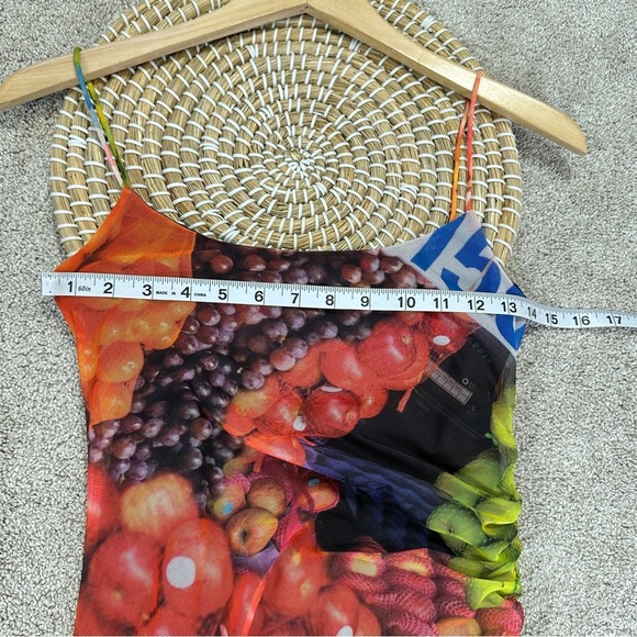 Zara Ruched Mesh Maxi Dress Strappy Sleeveless Fruit Stand Print Colorful Size S - Picture 14 of 14
